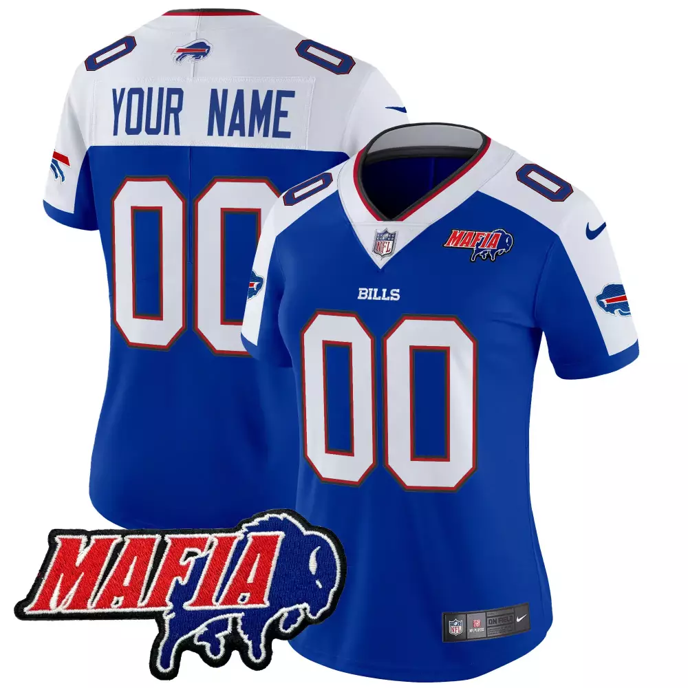 Your Name 00 Women's Stitched Vapor Jersey | Buffalo Bills 2025 Blue with Mafia Patch | Fan Gear for Men, Women & Youth