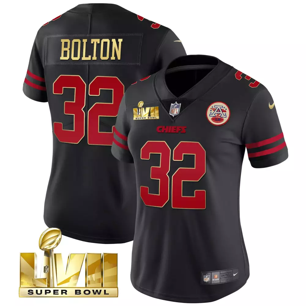 Bolton 32 Kansas City Chiefs 2023 Black Super Bowl Edition Jersey | Women's All Stitched Vapor | Limited Edition Fan Gear | For Men, Women & Youth