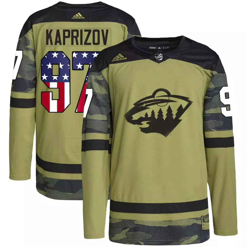 Custom Minnesota Wild  Military Appreciation Kaprizov 97 2023 Camo All Stitched Vapor With American Flag Patch Authentic Jersey – Olive Green