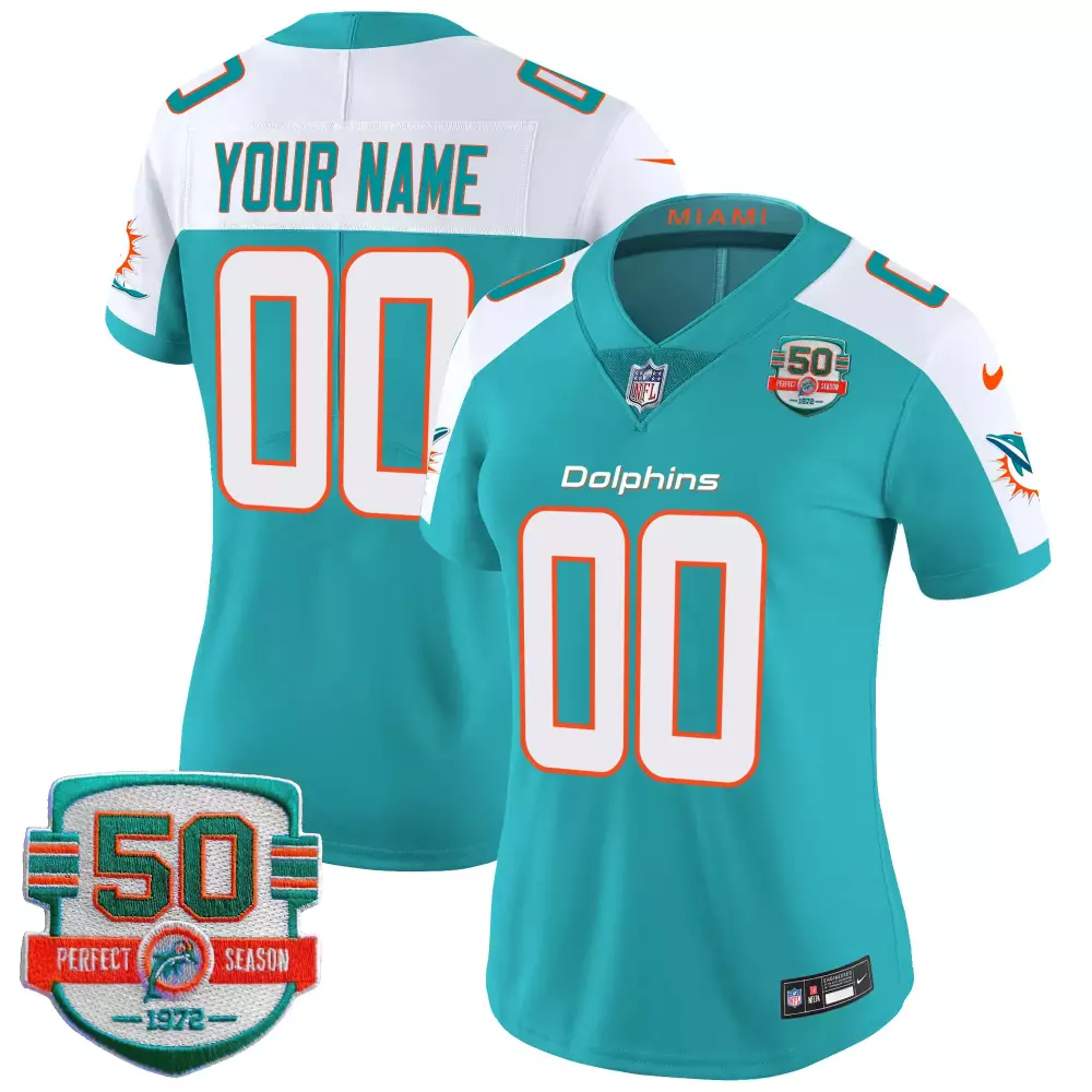 Women’s Miami Dolphins 2022 Custom All Stitched Vapor Jersey | Perfect Season Patch | Aqua | For Wom