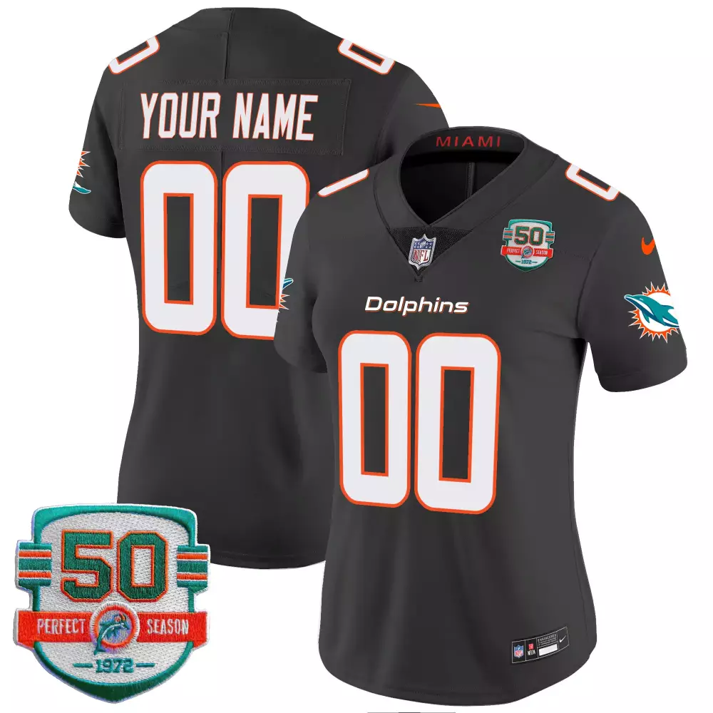 Miami Dolphins Women's Custom 00 2022 Stitched Vapor Jersey | Black Perfect Season Patch | Limited Edition Fan Gear | For Men, Women & Youth