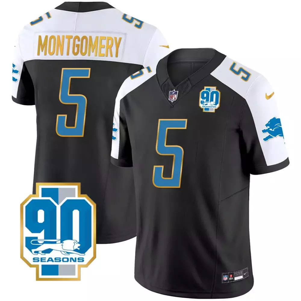 Montgomery 5 Detroit Lions 2023 90 Seasons Jersey | Stitched Black Vapor Fan Gear | For Men, Women & Youth