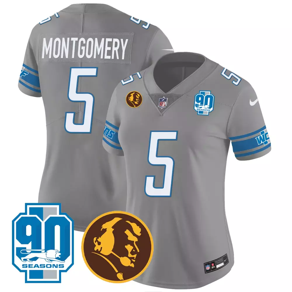Montgomery 5 Detroit Lions 2023 Women's Vapor Jersey | Stitched Gray | 90 Seasons Edition | For Women, Men & Youth
