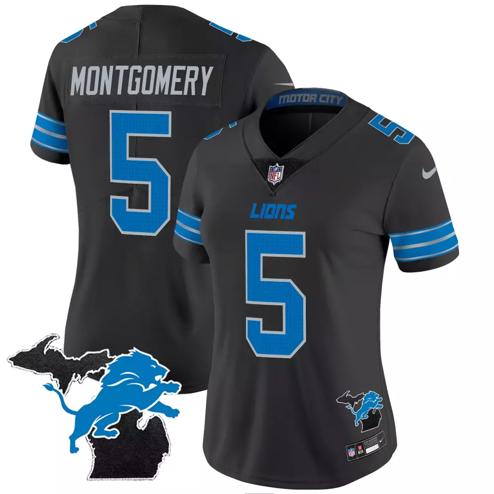 Montgomery 5 Detroit Lions 2023 Women's Black Vapor Jersey | Stitched | Champions Patch | For Women, Men & Youth