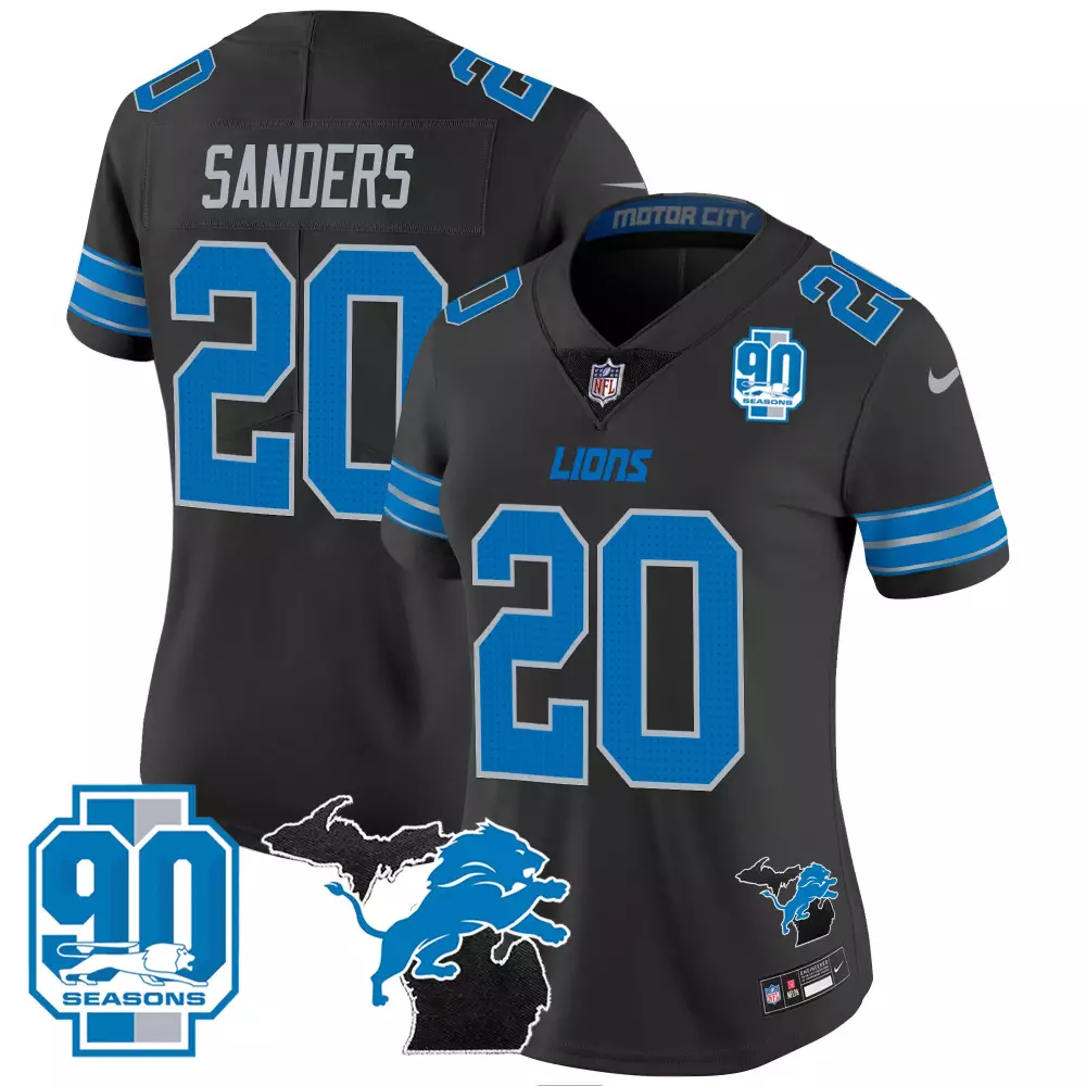 Sanders 20 Detroit Lions Women's Black All Stitched Vapor Jersey | 2023 90 Seasons Edition | For Women & Youth