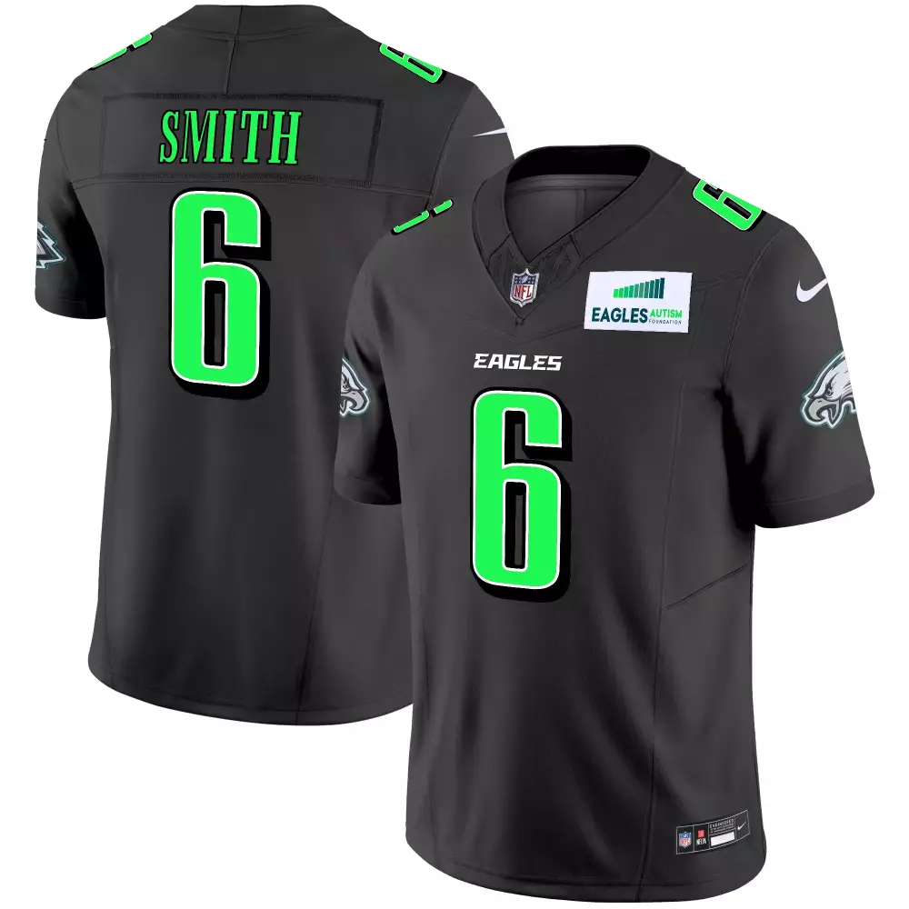 Smith 6 Philadelphia Eagles 2023 Vapor Jersey | Black Green with Autism Patch | Stitched Fan Gear for Men, Women & Youth