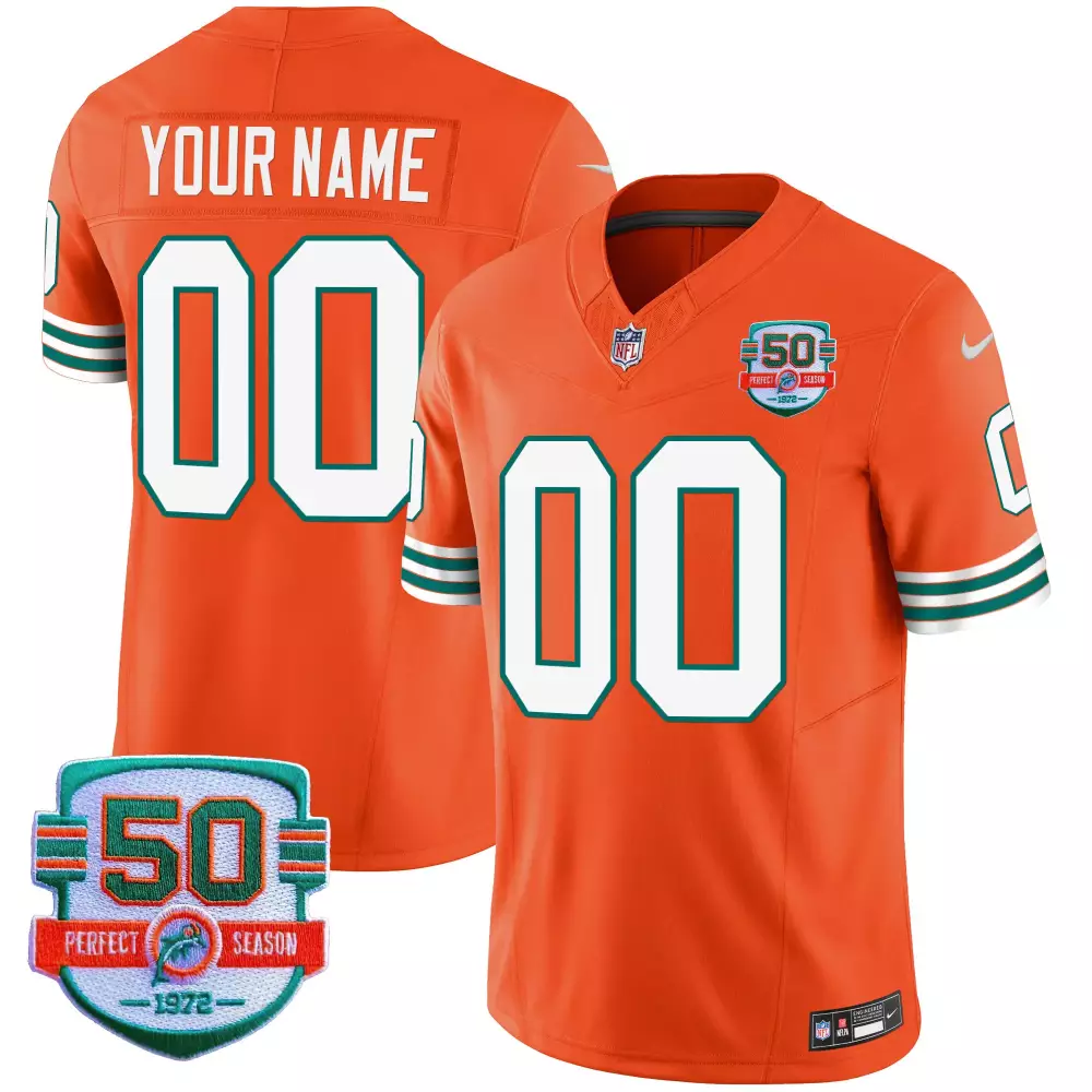 Your Name 00 Miami Dolphins 1972 Men's Vapor Jersey | Orange Stitched Style with 50th Patch | Game Day Outfit | For Men