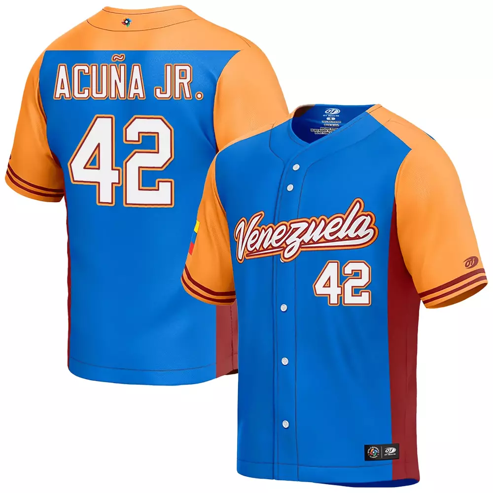 Acuna Jr. 42 Venezuela 2023 Jersey | Stitched Vapor Blue Orange | Limited Edition Fan Gear | For Men, Women & Youth