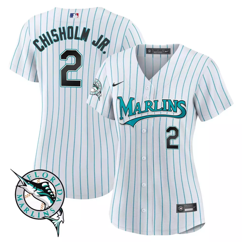 Chisholm Jr 2 Florida Marlins 2023 Women's Stitched Vapor Jersey | White & Teal 1 | Game Day Outfit for Women & Youth
