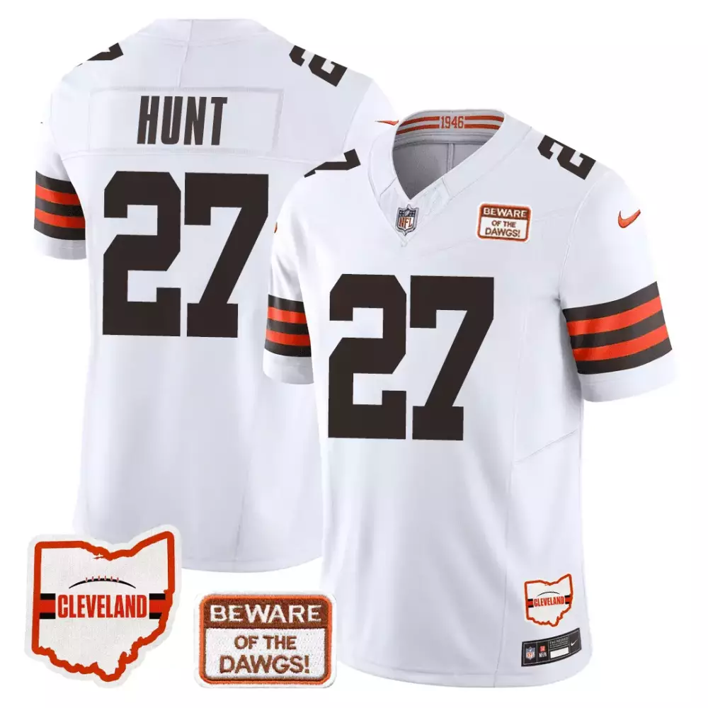 Kareem Hunt 27 Cleveland Browns 2023 Men's All Stitched Vapor Jersey | White 'Beware of the Dawgs' | Replica Fan Gear | For Men, Women & Youth