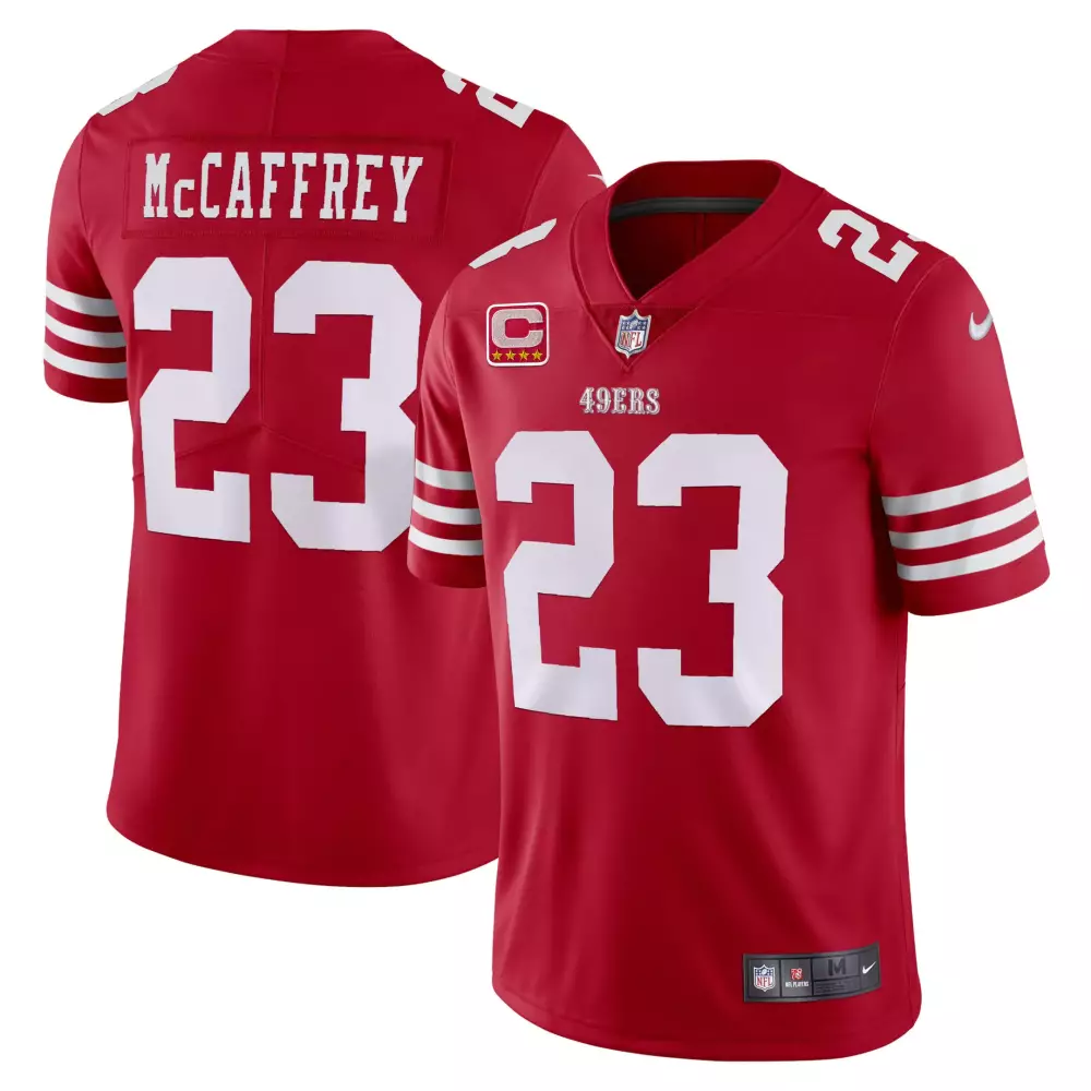 McCaffrey 23 San Francisco 49ers 2023 Women’s Stitched Vapor Jersey | Black with 75th Patch | Game Day Outfit | For Men, Women & You