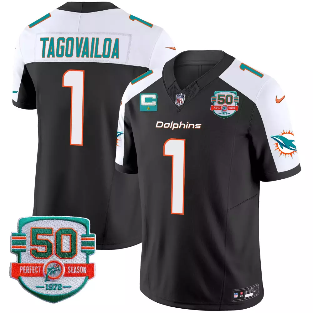 Tua Tagovailoa 1 Miami Dolphins 2022 Men's All Stitched Vapor Jersey | Black 50th Patch | Limited Edition Fan Gear | For Men, Women & Youth