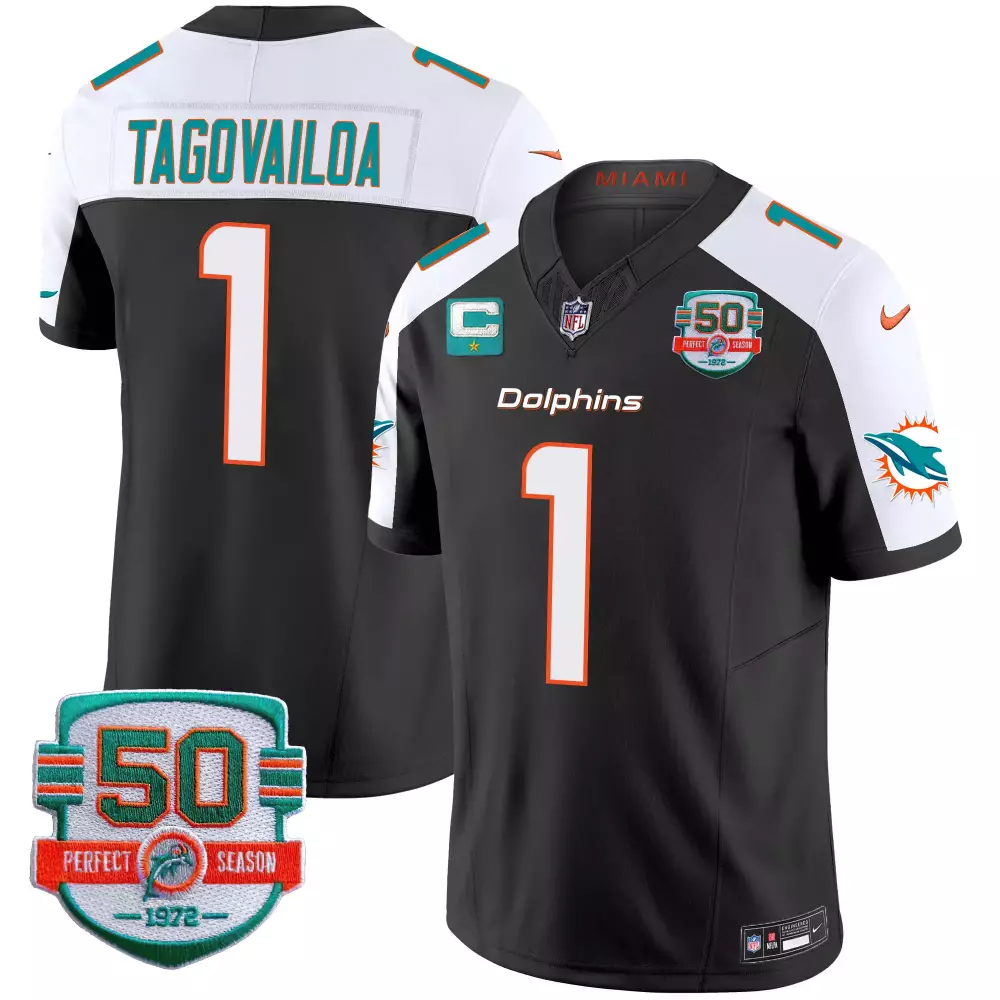 Tua Tagovailoa 1 Miami Dolphins 2022 Women's All Stitched Vapor Jersey | Black 50th Patch | Limited Edition Fan Gear | For Men, Women & Youth