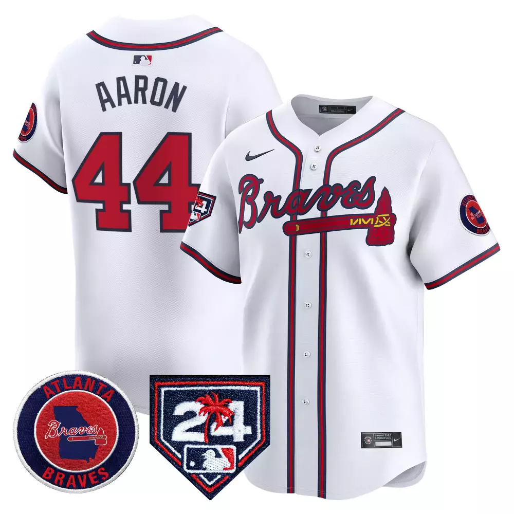Aaron 44 Atlanta Braves 2023 Men's All Stitched Vapor Jersey | White 24 Patch | Fan Gear for Men