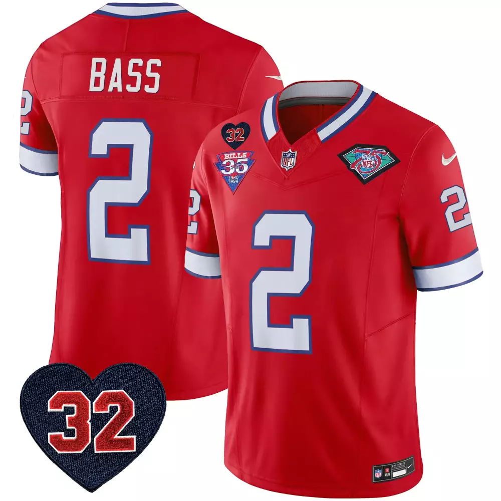 Bass 2 Buffalo Bills 2022 Men's All Stitched Vapor Jersey | Red 35th Anniversary Patch | Fan Gear for Game Day | For Men