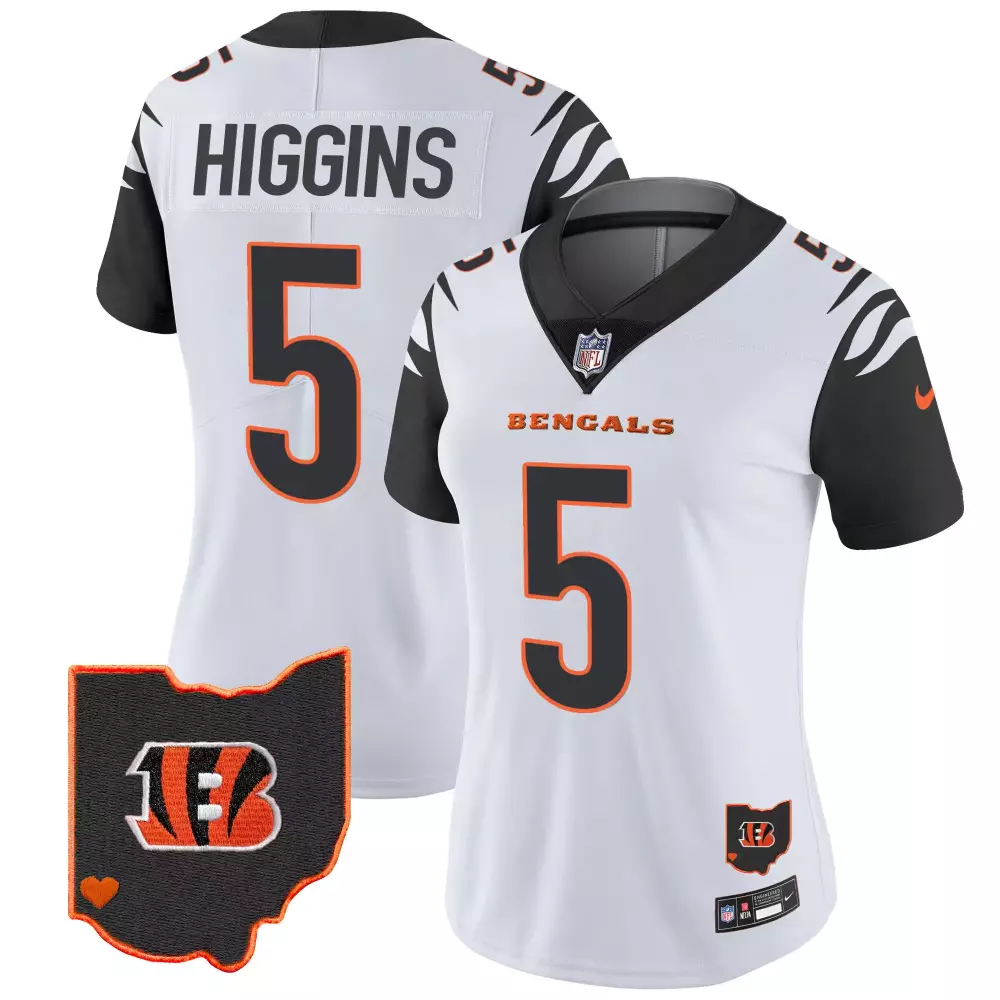 Higgins 5 Cincinnati Bengals 2023 Women's Vapor Jersey | White with Ohio Patch | Stitched Fan Gear for Men, Women & Youth