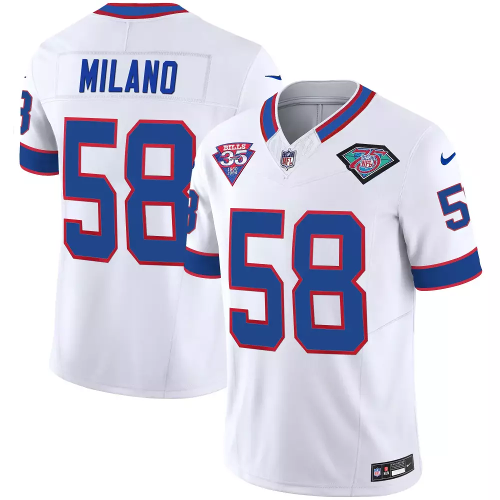 Milano 58 Buffalo Bills 2023 Stitched Vapor Jersey | White 50th Anniversary Edition | Game Day Outfit for Men, Women & Youth