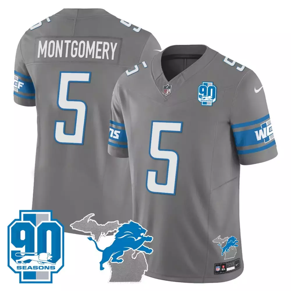Montgomery 5 Detroit Lions 2023 Stitched Vapor Jersey | 90 Seasons Edition Gray | Limited Edition Fan Gear | For Men, Women & Youth