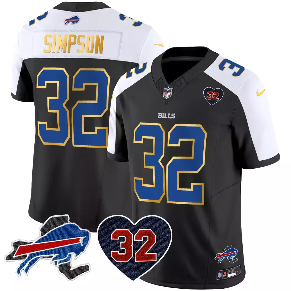 Simpson 32 Buffalo Bills 2023 Stitched Vapor Jersey | Black with White Heart Patch | Replica Fan Gear | For Men, Women & Youth