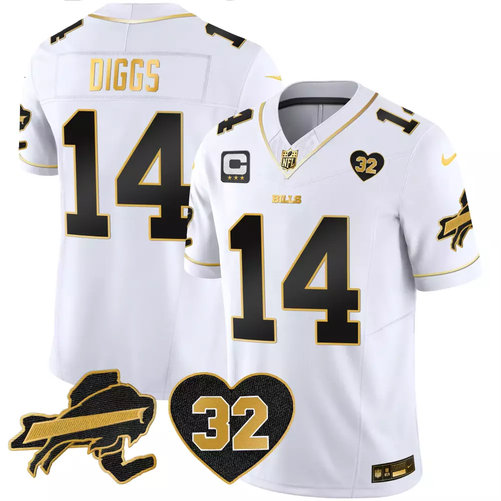 Stefon Diggs 14 Buffalo Bills 2023 White Gold Heart Patch Vapor Jersey | Stitched Fan Gear for Men, Women & Youth