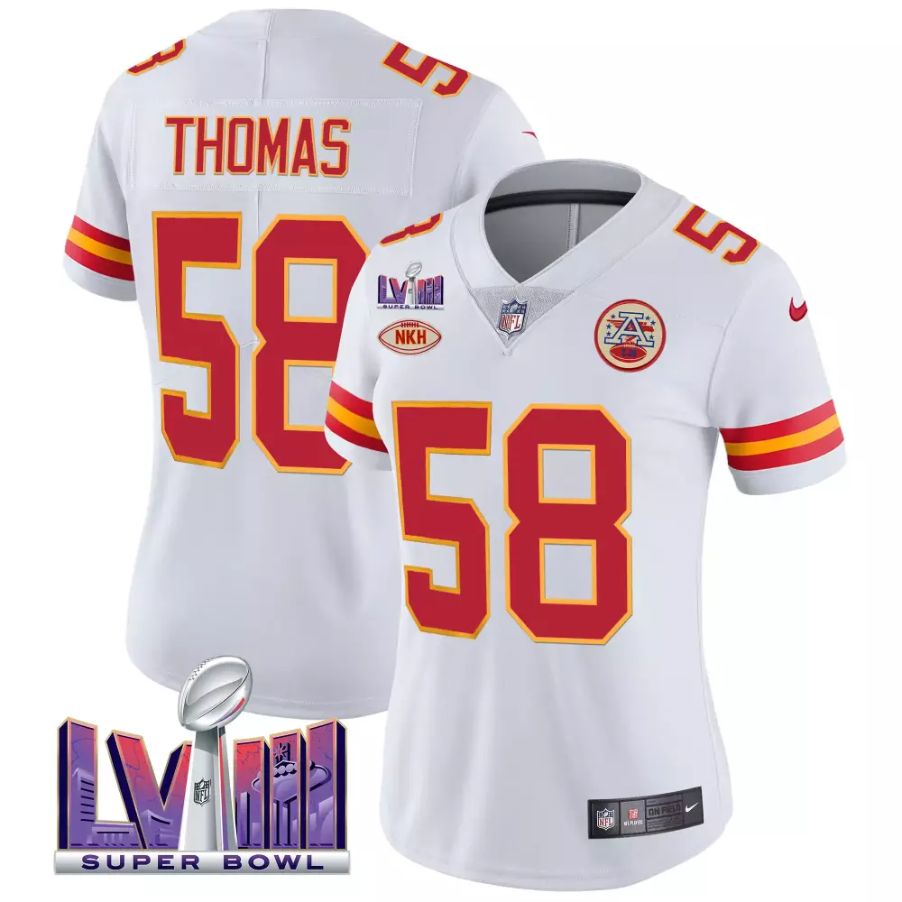 Thomas 58 Kansas City Chiefs 2023 Women's Stitched Vapor Jersey | Super Bowl Edition White | Limited Edition Fan Gear | For Men, Women & Youth