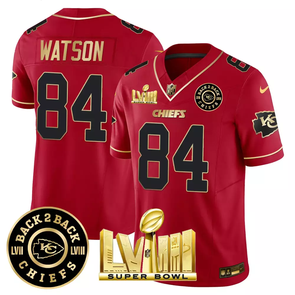 Watson 84 Kansas City Chiefs 2023 Stitched Vapor Jersey | Red Back 2 Back Patch | Replica Fan Gear | For Men, Women & Youth