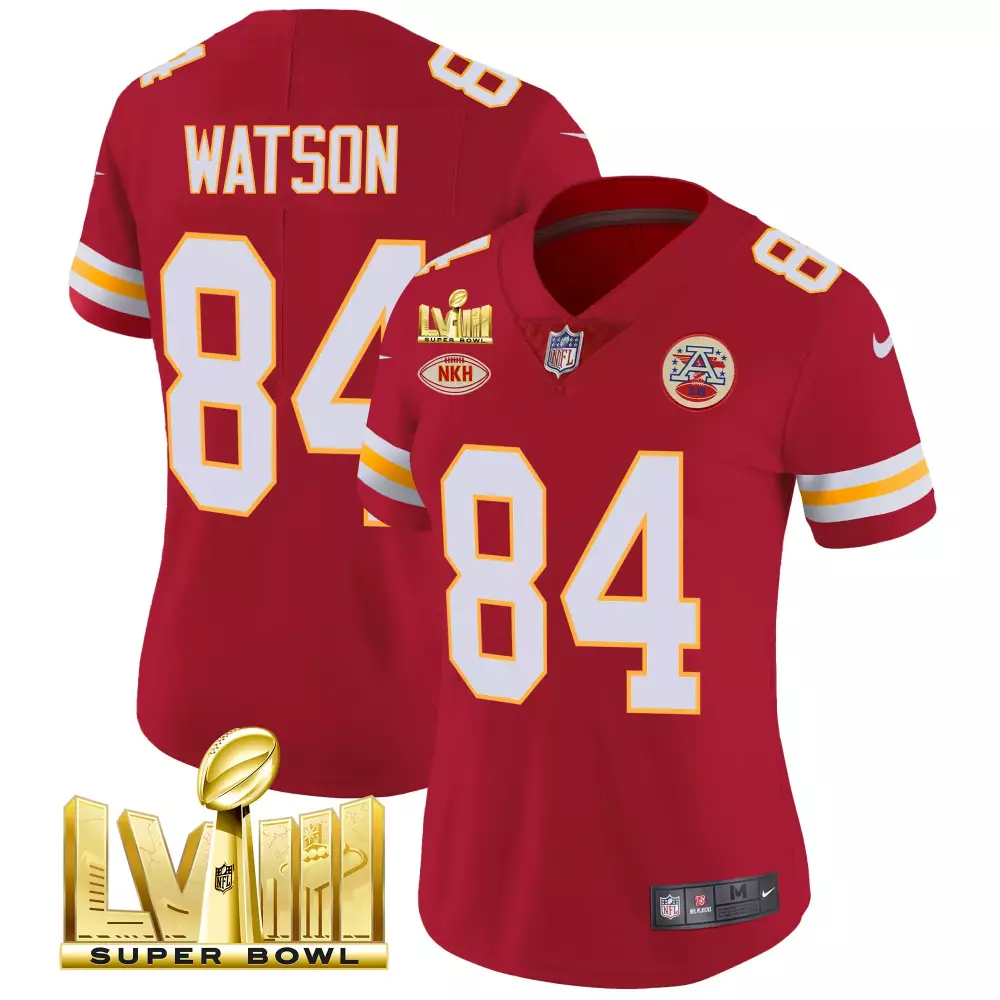 Watson 84 Kansas City Chiefs 2023 Women's Stitched Vapor Jersey | Super Bowl Edition White | Fan Gear for Men, Women & Youth