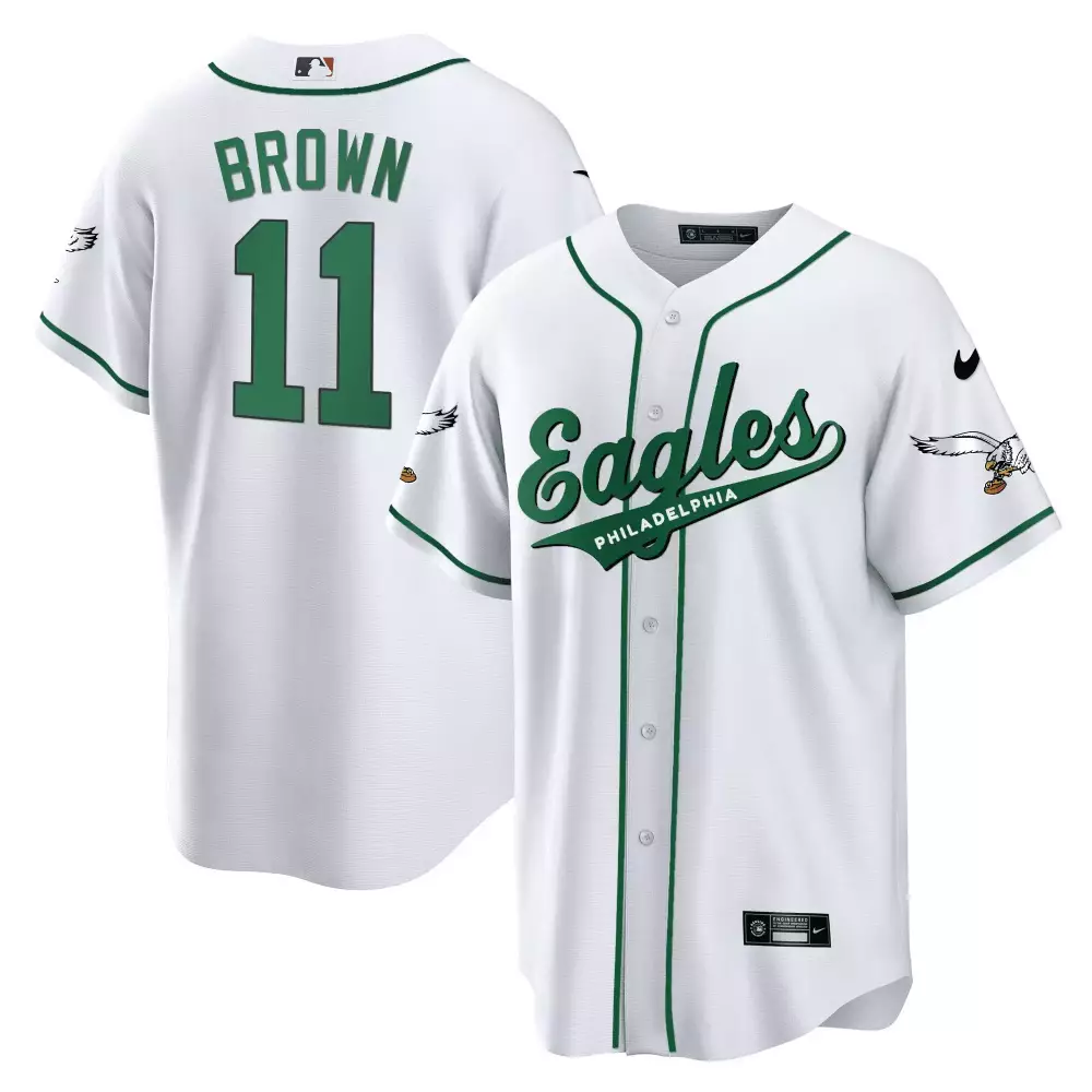 A J Brown 11 Philadelphia Eagles 2023 Stitched Baseball Jersey | White | Name Patch | For Men, Women & Youth