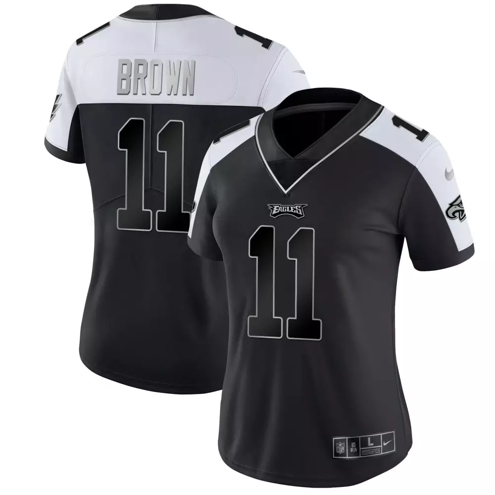 A J Brown 11 Philadelphia Eagles Women's 2023 Black Super Bowl LVII Gold Stitched Jersey | Name Patch | For Women & Youth