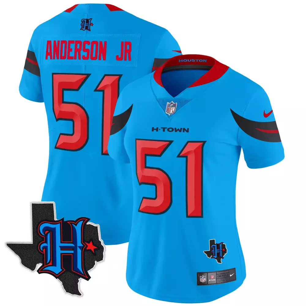 Anderson Jr 51 Houston Texans 2024 Women's Light Blue Stitched Jersey | Name Patch Fan Gear | For Women, Men & Youth