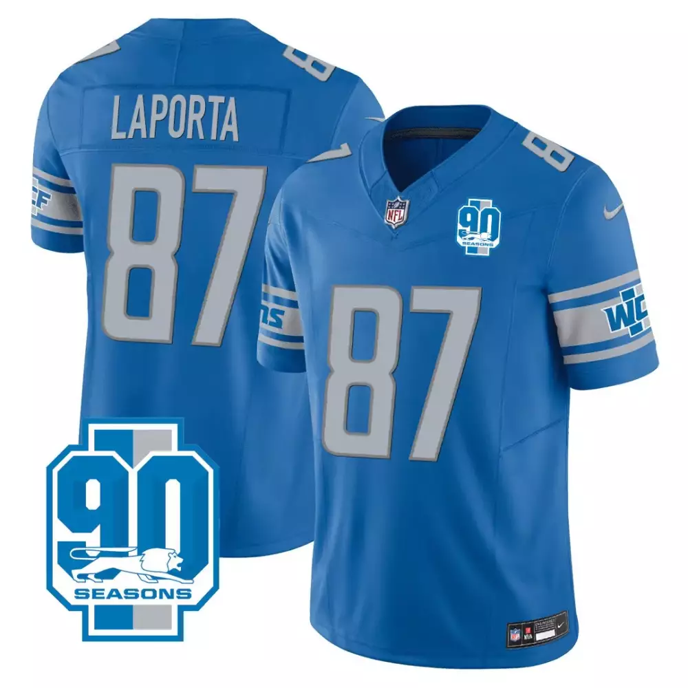Laporta 87 Detroit Lions 90th Year Patch Jersey | All Stitched Men's Blue Style Fan Gear | For Men, Women & Youth