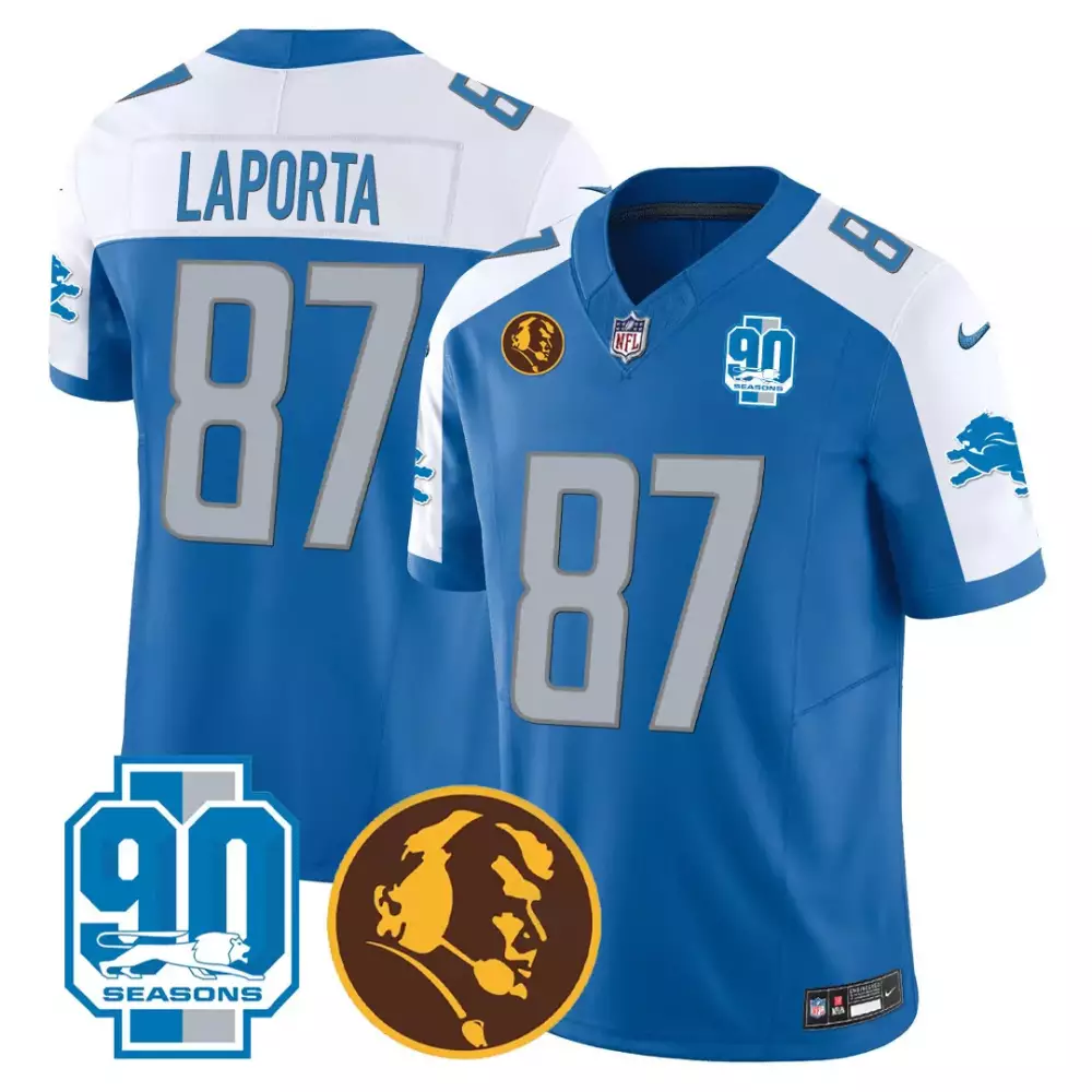 Laporta Detroit Lions 90th Year Blue Stitched Jersey | Men's Style with Name Patch | For Men, Women & Youth