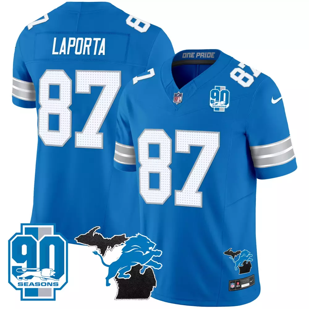 Laporta Detroit Lions 90 Seasons Blue Stitched Jersey | Men's Style with Name Patch | For Men, Women & Youth