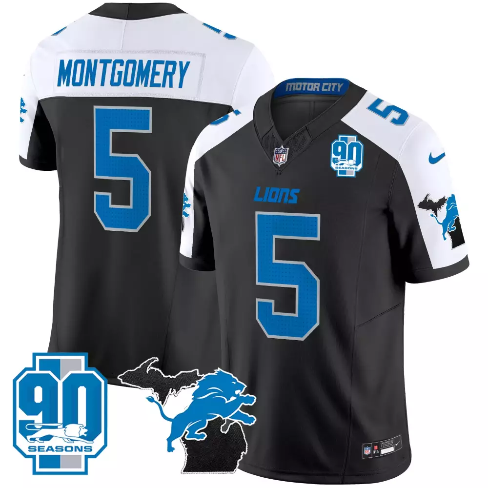 Montgomery 5 Detroit Lions Black Stitched Jersey | 90th Year Name Patch Style | Limited Edition Fan Gear | For Men, Women & Youth