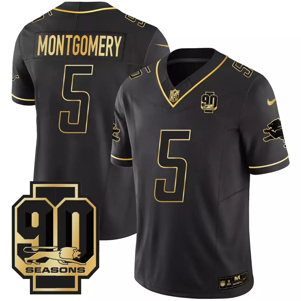 Montgomery 5 Detroit Lions Black Jersey | 90th Year Name Patch Style | Limited Edition Fan Gear | For Men, Women & Youth