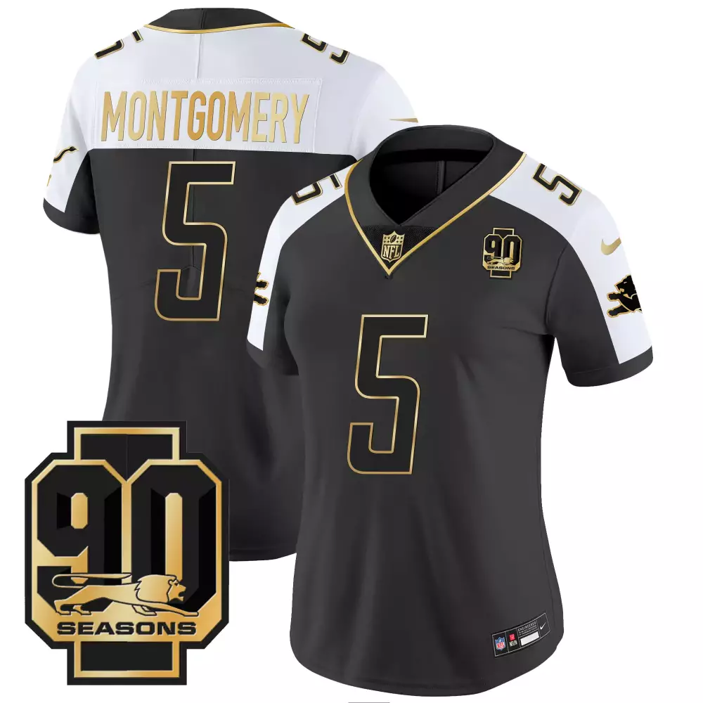 Montgomery 5 Detroit Lions Women's Black Stitched Jersey | 90th Year Name Patch 2024 | For Women