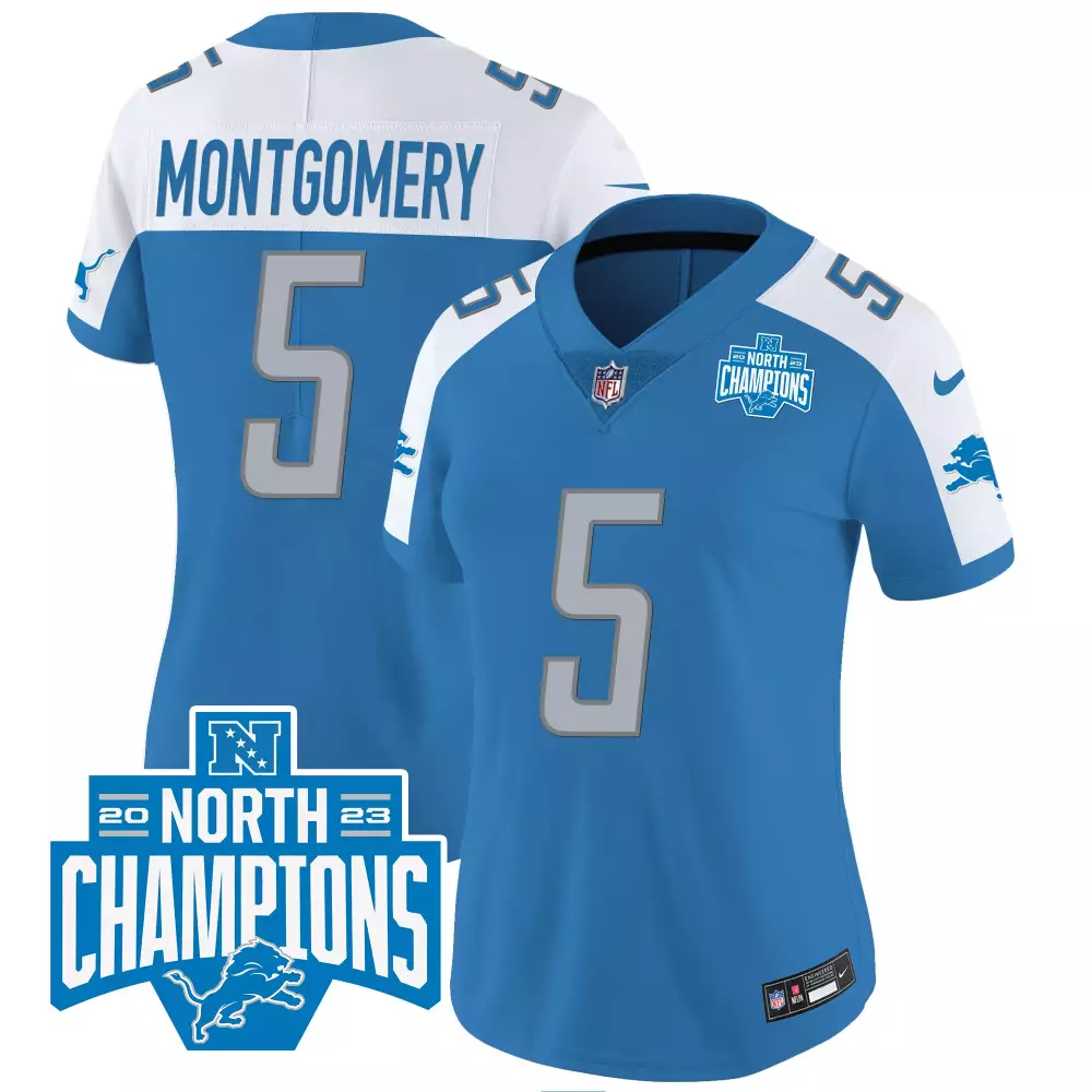 Montgomery 5 Detroit Lions Women's Blue Stitched Jersey | 2023 North Champions Patch | Fan Gear for Women & Youth