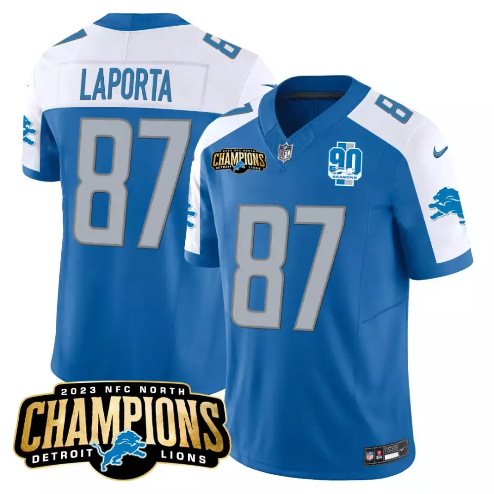 Sam Laporta 87 Detroit Lions 2023 NFC North Champions Patch Jersey | Stitched Vapor Style | For Men, Women & Youth
