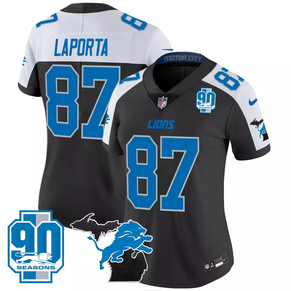 Women's White Sam Laporta 87 Detroit Lions 90th Season All Stitched Vapor Jersey | For Men, Women & Youth
