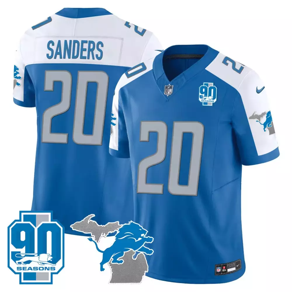 Sanders 20 Detroit Lions Blue Jersey | All Stitched Name Patch Men's 90th Season | For Men, Women & Youth
