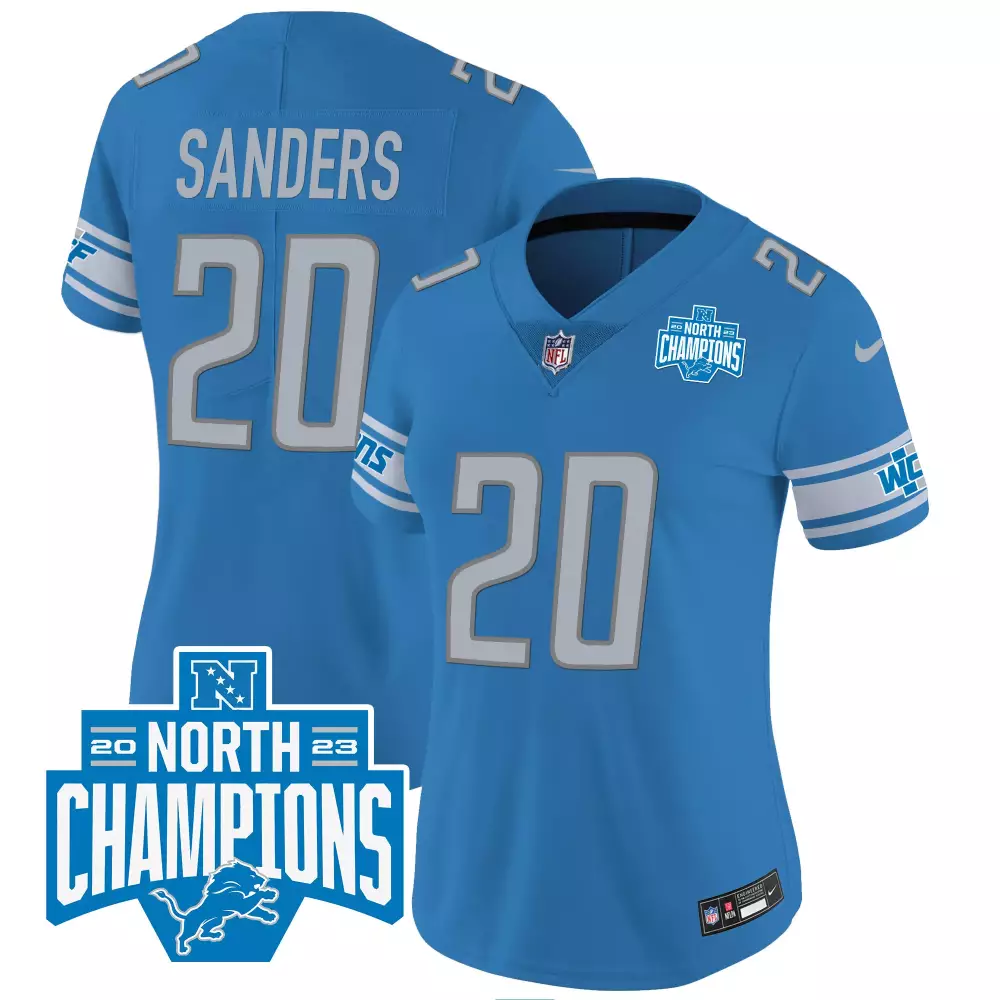 Sanders 20 Detroit Lions Women's Blue All Stitched Jersey | 2023 NFC North Champions Name Patch | Fan Gear for Women & Youth