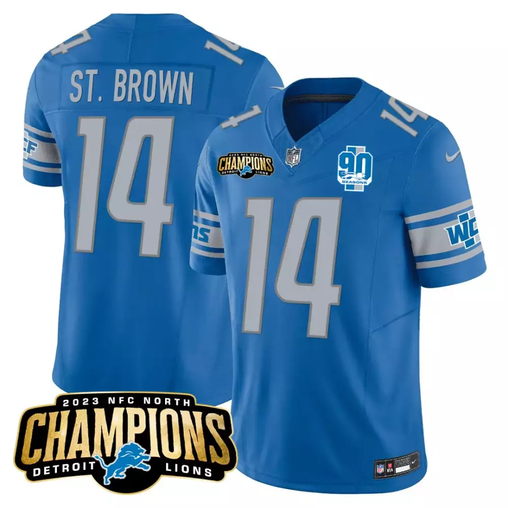 St. Brown 14 Detroit Lions 2023 NFC North Champions Blue Jersey | Stitched Vapor Style | For Men, Women & Youth