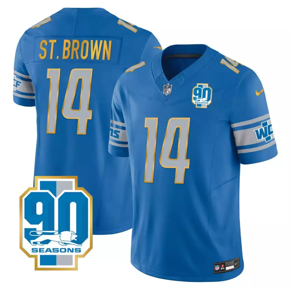 St. Brown 14 Detroit Lions Blue Jersey | Stitched Name Patch | 90th Year Edition | For Men, Women & Youth