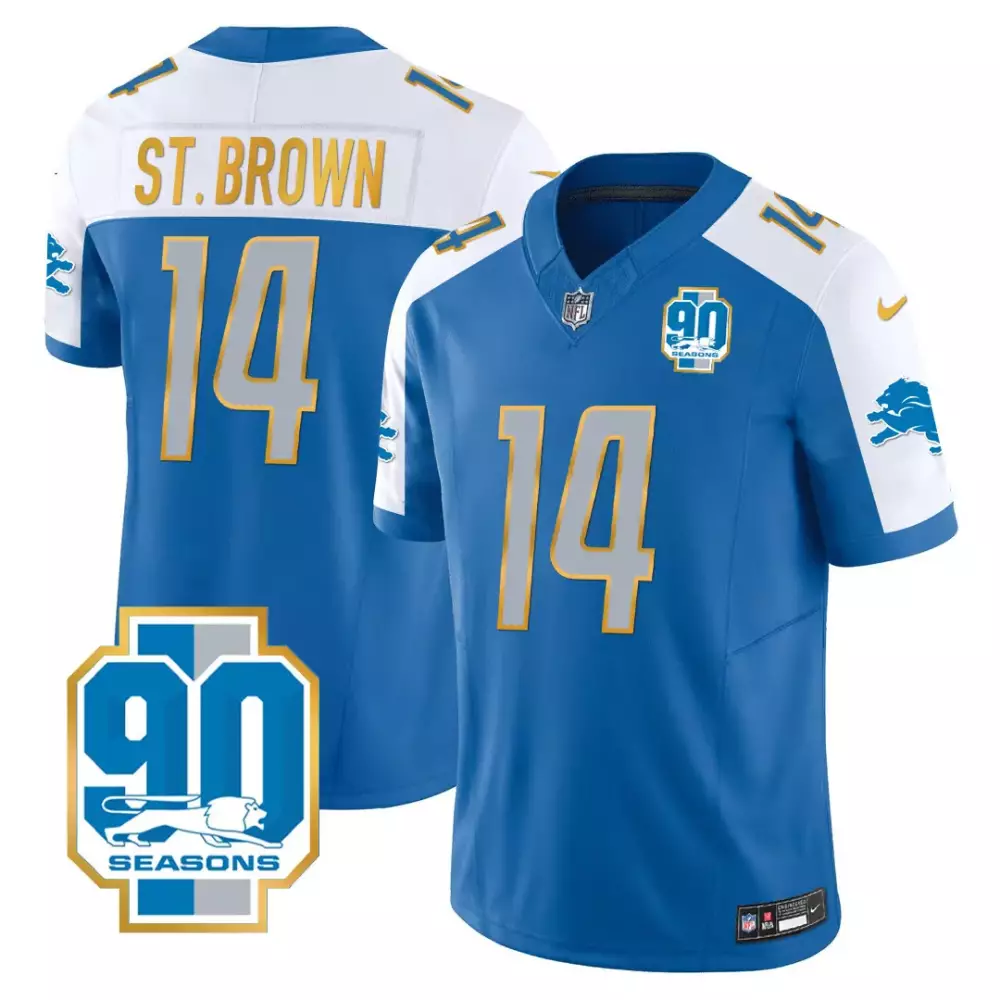 St. Brown 14 Detroit Lions Blue Stitched Jersey | 90th Year Patch | Replica Fan Gear for Men, Women & Youth