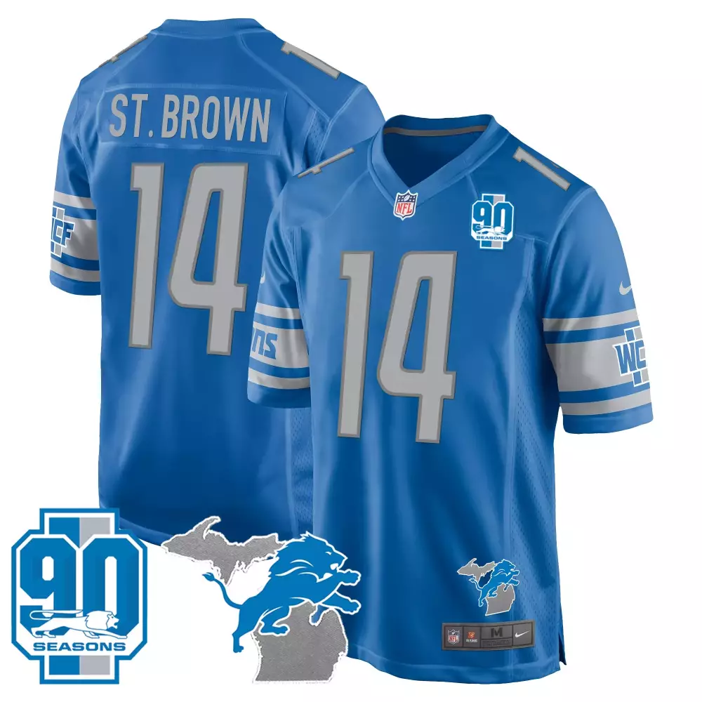 St. Brown 14 Detroit Lions Men's Blue Stitched Game Jersey | 90th Year Name Patch | Fan Gear for Game Day | For Men, Women & Youth