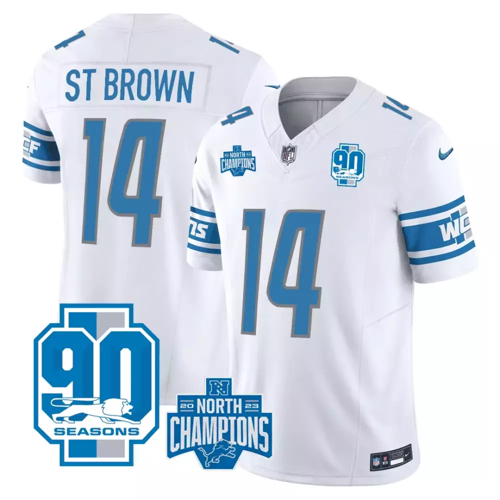 St. Brown 14 Detroit Lions White Jersey | All Stitched 90th Year Patch 2023 | Men's Fan Gear for Game Day | For Men, Women & Youth