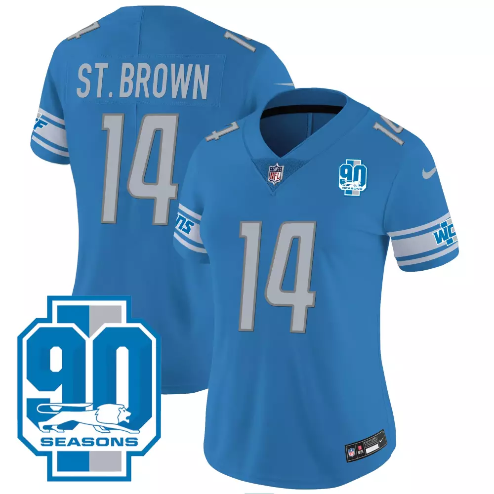 St. Brown 14 Detroit Lions Women's Blue All Stitched Jersey | Name Patch 90th Year | Fan Gear for Game Day | For Men, Women & Youth
