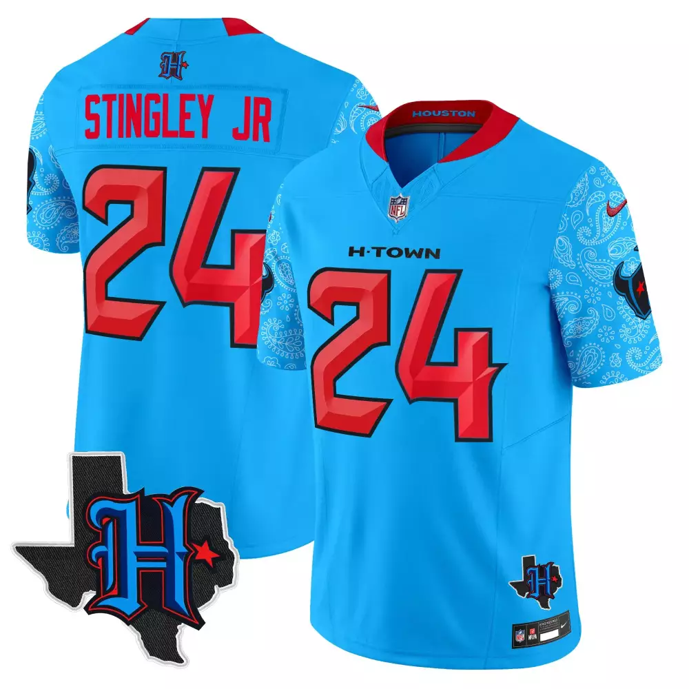 Stingley Jr. Houston Texans 2024 Men's Blue Stitched Jersey | Name Patch Fan Gear | For Men, Women & Youth