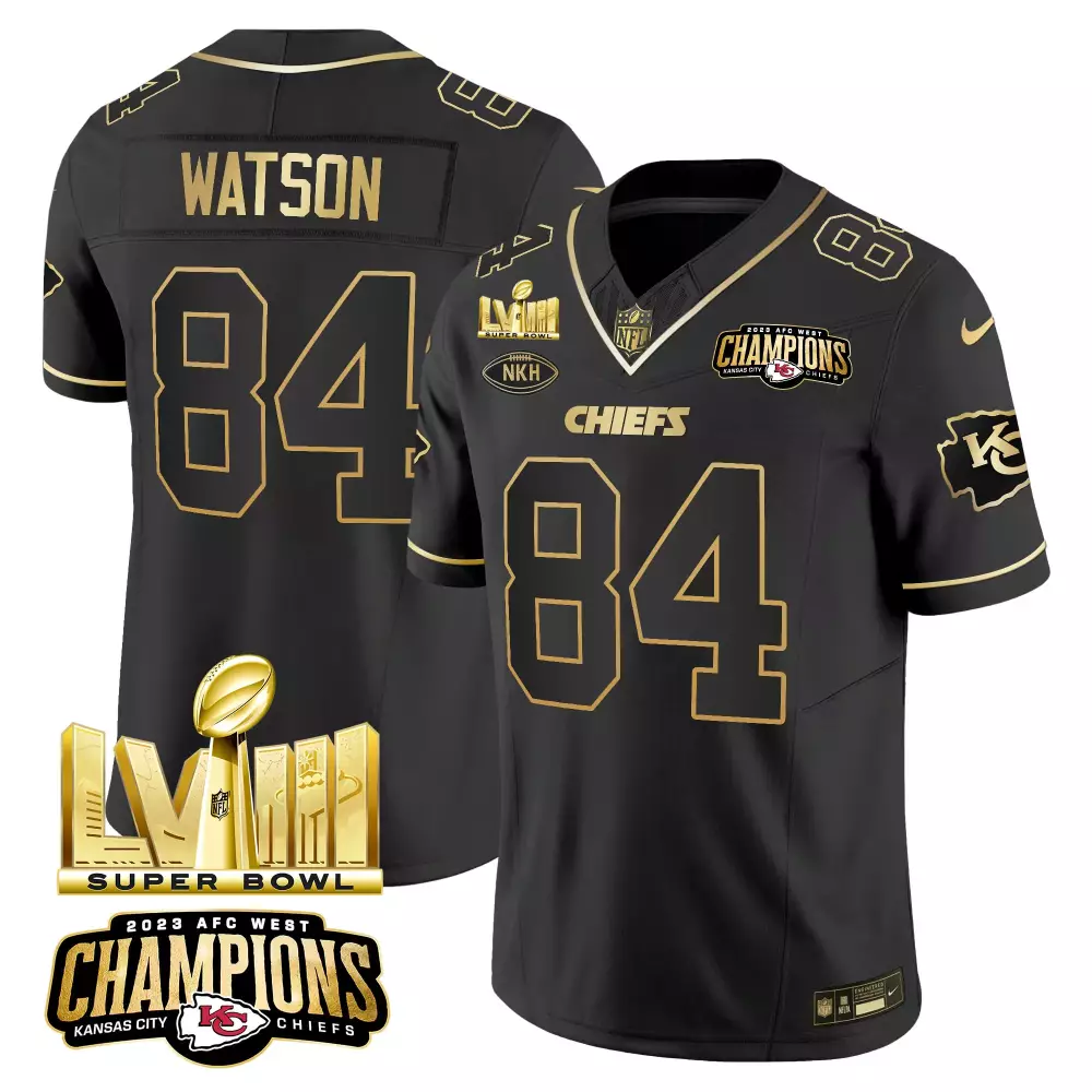 Watson 84 Kansas City Chiefs 2023 Black Stitched Jersey | Super Bowl LVIII Celebration | For Men, Women & Youth