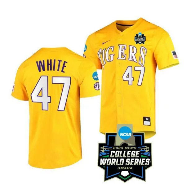 Men's LSU Tigers 2023 Stitched Jersey | White 47 Name Patch | College World Series Yellow Edition | For Men, Women & Youth